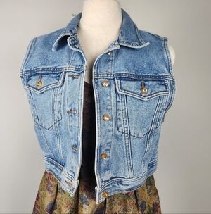 VTG 90s Cropped Denim Jean Vest Gem Button Size S Fits Medium Stampede Western